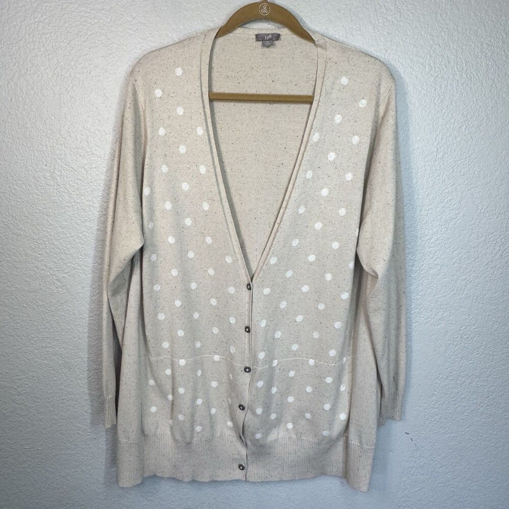 J Jill Cardigan Beige White Polka Dot Pockets Long Knit Sweater Work Women XL